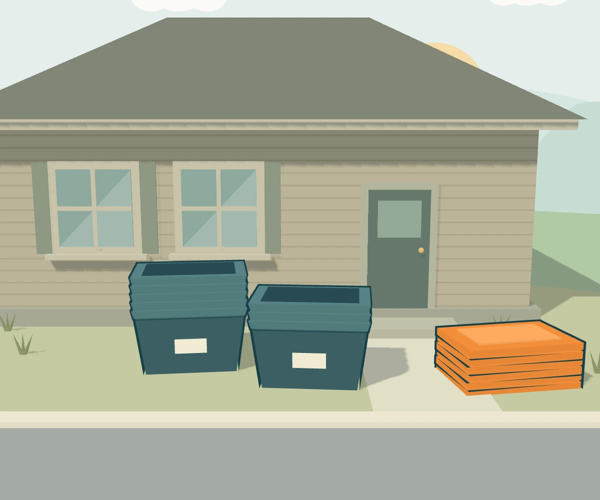 Empty reusable moving totes nested together beside a stack of lids, delivered outside an older home
