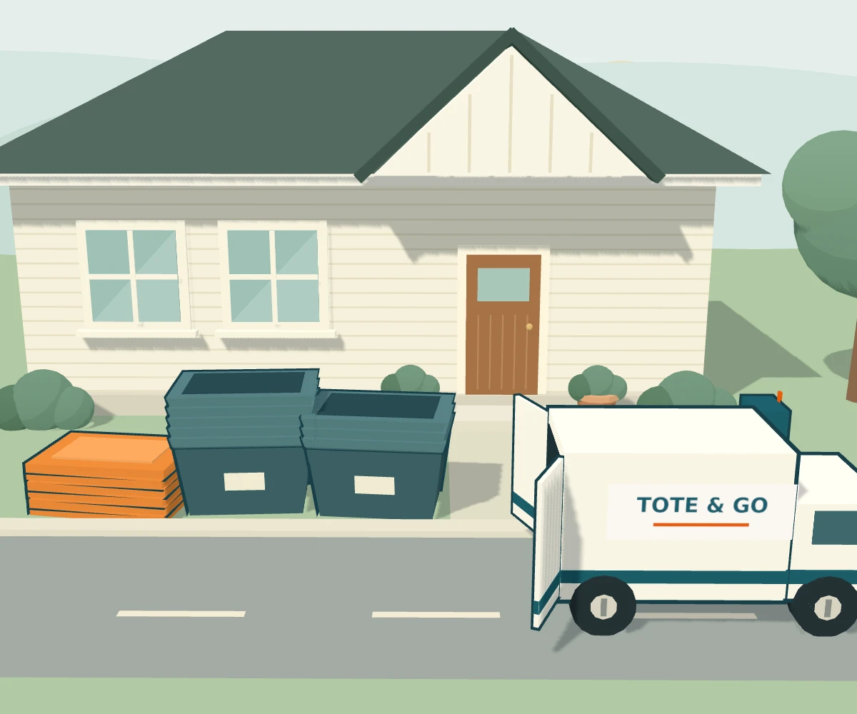 A Tote & Go van parked outside a bright new home, picking up the empty totes and lids from the curb